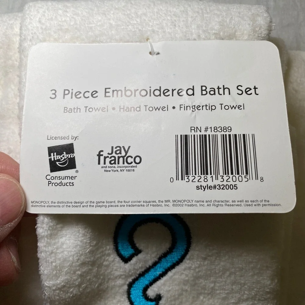 Monopoly 2002 3 Piece‎ Bath Towel Set NWT Hasbro Jay Franco Embroidered